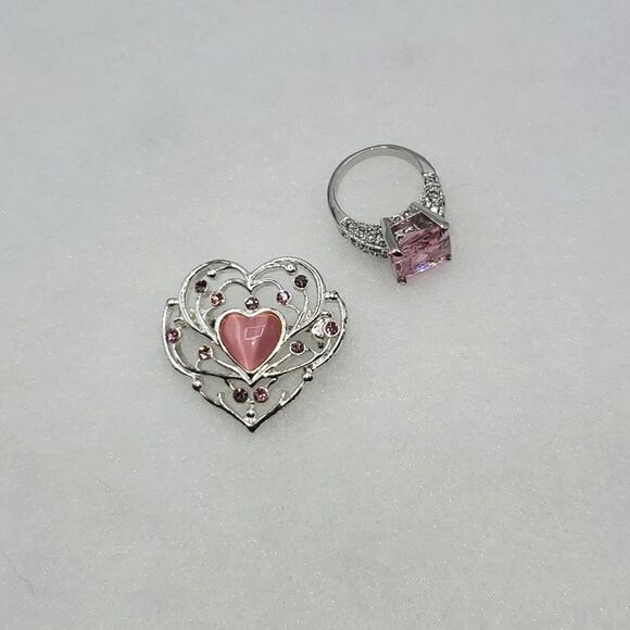 Vintage Sterling Silver Pink Sapphire CZ Princess Cut With Heart Pendant Sz 6 - Picture 14 of 17